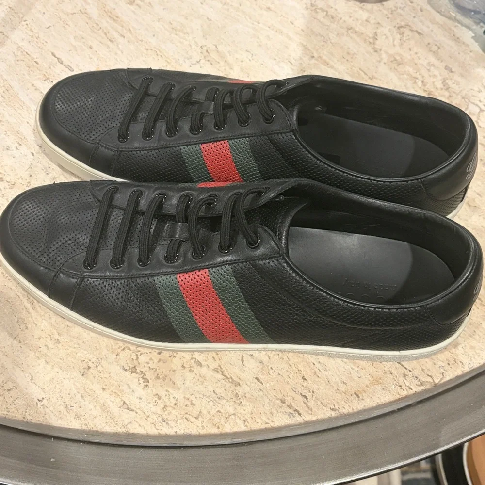 Gucci Black Leather Sneakers with Green and Red Web Stripe
